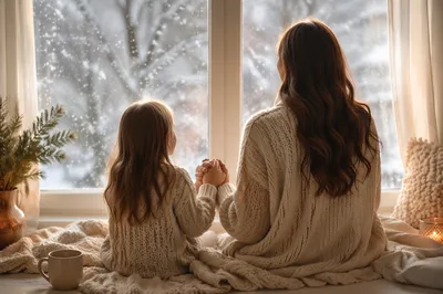 Mother and Child Praying by Winter Window