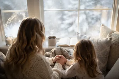 Mother and Child Praying by Winter Window