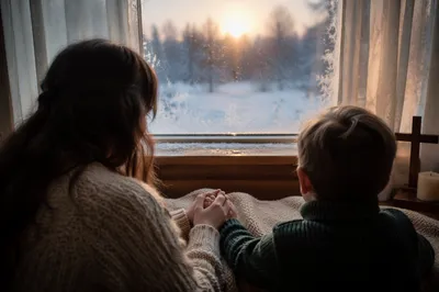 Mother and Child Praying by Winter Window