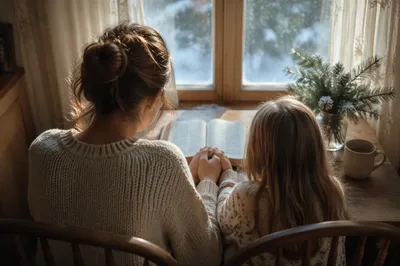Mother and Child Praying in Winter Light