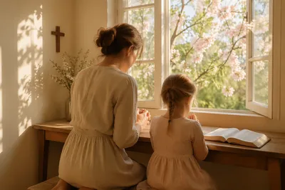 Mother and Child Praying in Spring Light