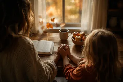 Mother and Child Praying in Autumn Light