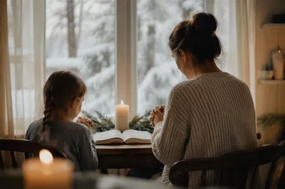 Mother and Child Praying by Winter Window