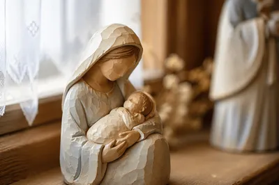 Praying Mother and Child Wooden Figurine