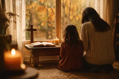 Mother and Child Praying in Autumn Light