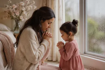 Mother and Child Praying by Window