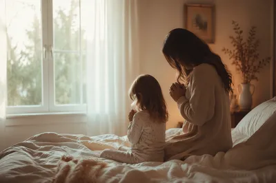 Mother and Child Praying in Winter Light
