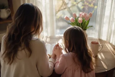 Mother and Child Praying in Spring Light