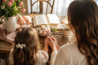Mother and Child Praying in Spring Light