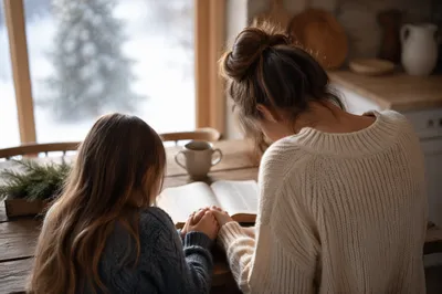 Mother and Child Praying on Winter Morning