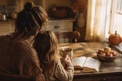 Mother and Child Praying in Autumn Light