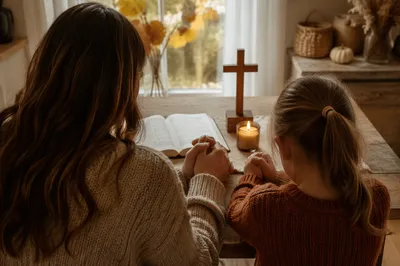 Mother and Child Praying in Autumn Light