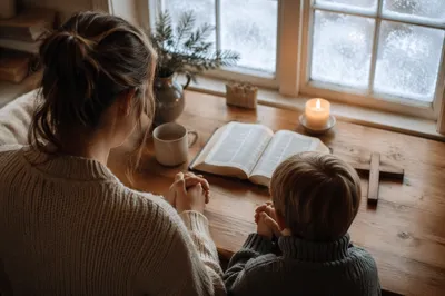 Mother and Child Praying on Winter Morning