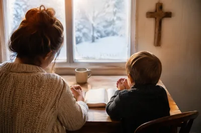 Mother and Child Praying on Winter Morning