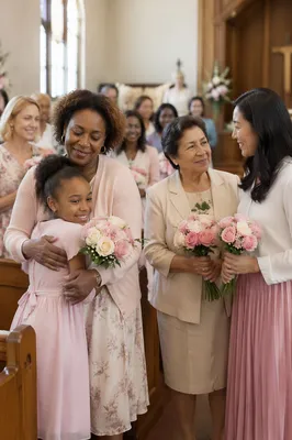 Mothers Holding Roses in Church Aisle
