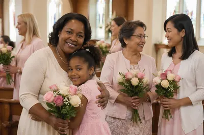 Mothers Holding Roses in Church Aisle