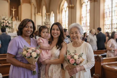 Mothers Holding Roses in Bright Church