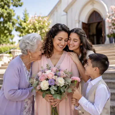 Family Honoring Mother Outside Neighborhood Church