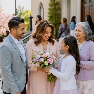 Family Honoring Mother Outside Church Steps