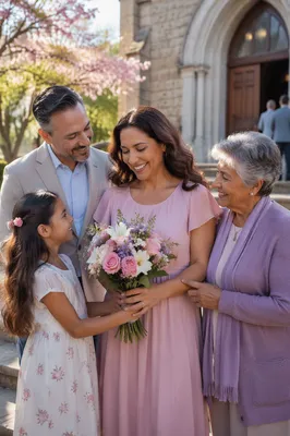 Family Honoring Mother Outside Neighborhood Church