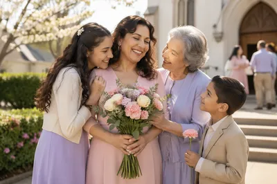 Family Honoring Mother Outside Neighborhood Church
