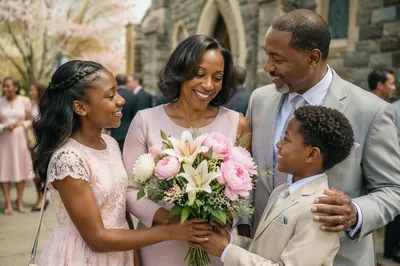 Family Honoring Mother Outside Stone Chapel
