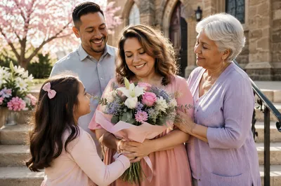 Family Honoring Mother Outside Church