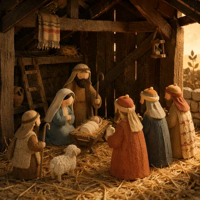 Warm Rustic Nativity Stable with Handcrafted Figures