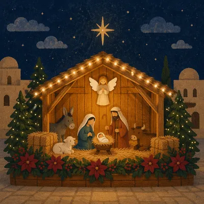 Warm Light Nativity Stable at Christmas