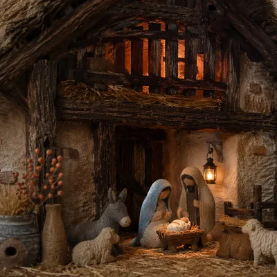 Warm Lantern Nativity Stable Diorama