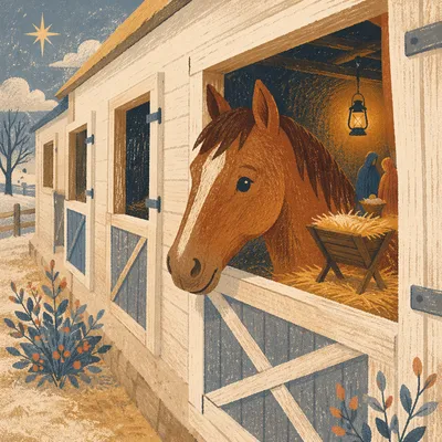 Warm Nativity Stable with Chestnut Horse