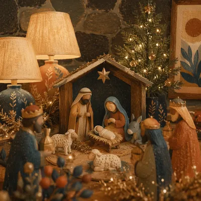 Warm Miniature Nativity Stable with Fairy Lights