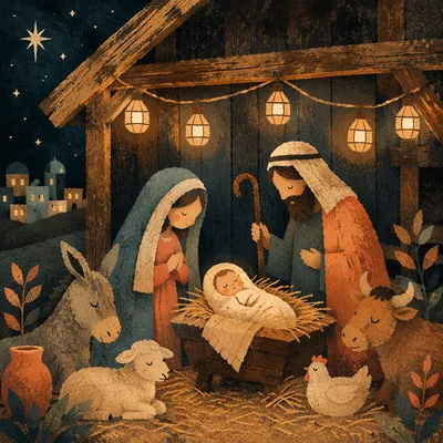 Warm Stable Nativity Under Amber Lights