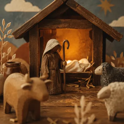 Warm Nativity Stable with Shepherd Figurine
