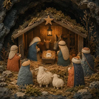 Warm Lantern Nativity Stable Diorama