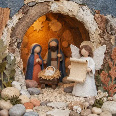 Warm Stable Nativity with Angel Scroll