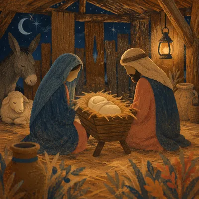 Warm Lantern Nativity in Rustic Stable