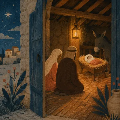 Warm Stable Nativity at Winter Dusk