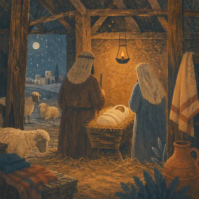 Warm Lantern Nativity in Wooden Stable