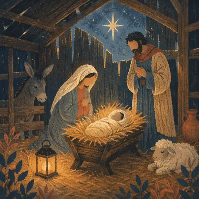 Warm Stable Nativity Under Evening Star