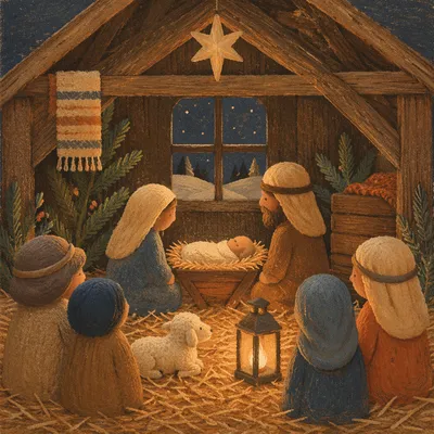 Warm Lantern Nativity in Rustic Stable
