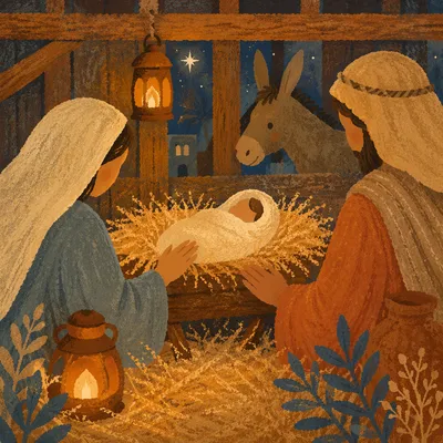 Warm Stable Nativity at Blue Dusk