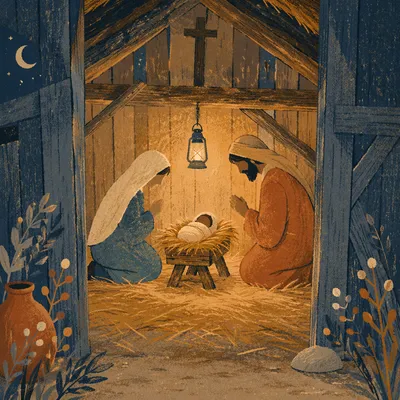 Warm Stable Nativity by Lantern Light