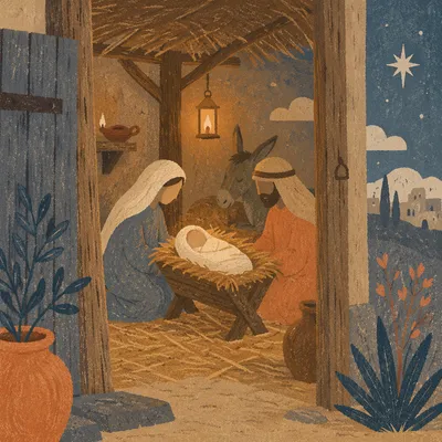 Warm Stable Nativity at Twilight