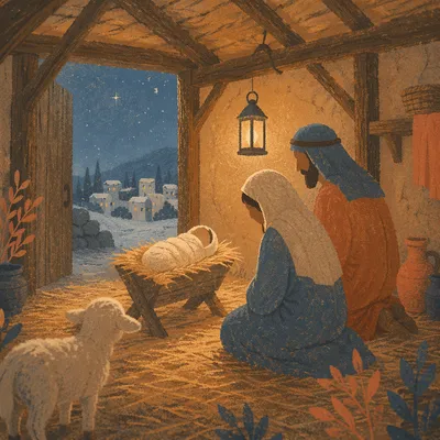 Warm Lantern Nativity in Rustic Stable