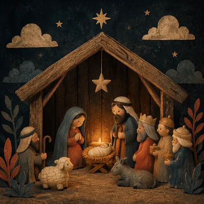 Handmade Nativity Stable in Warm Candlelight