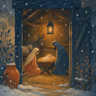 Warm Nativity Stable in Falling Snow