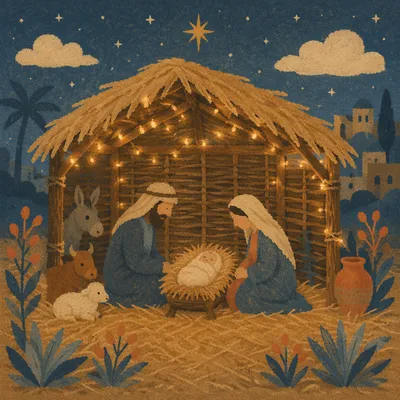 Warm Stable Nativity with Golden Lights