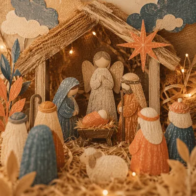 Warm Stable Nativity with Golden Lights