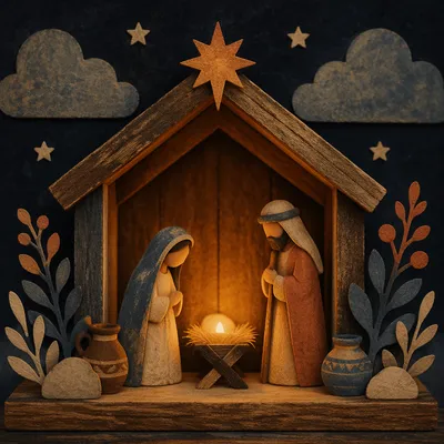 Warm Candlelit Nativity Stable Closeup